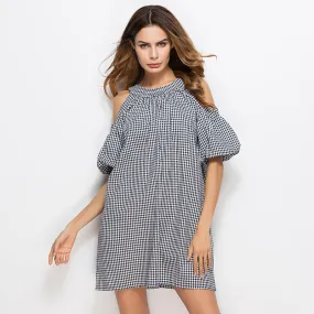 Cold Shoulder Puff Short Sleeve Plaid Dres