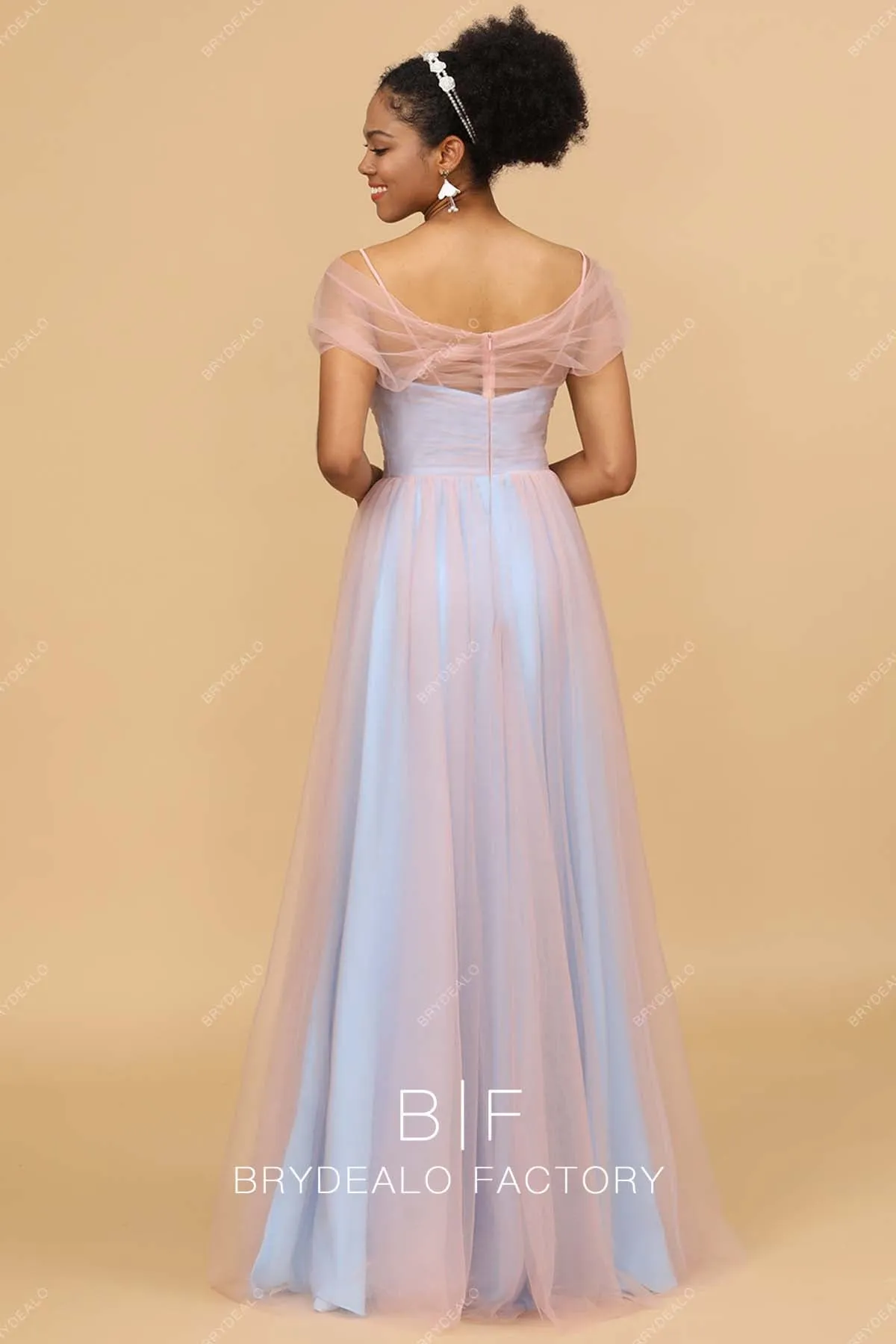 Cold Shoulder Two-tone Tulle A-line Bridesmaid Dress