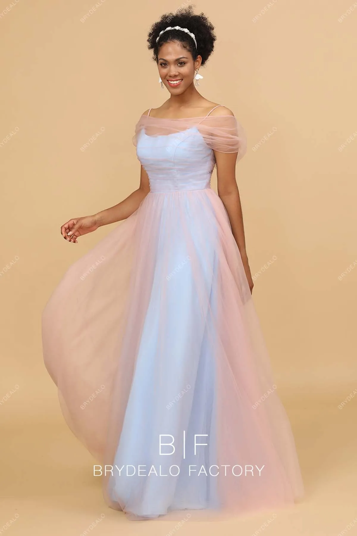 Cold Shoulder Two-tone Tulle A-line Bridesmaid Dress