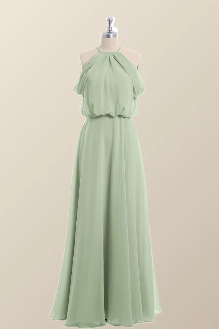 Cold Sleeve Sage Green Blouson Chiffon Long Bridesmaid Dress