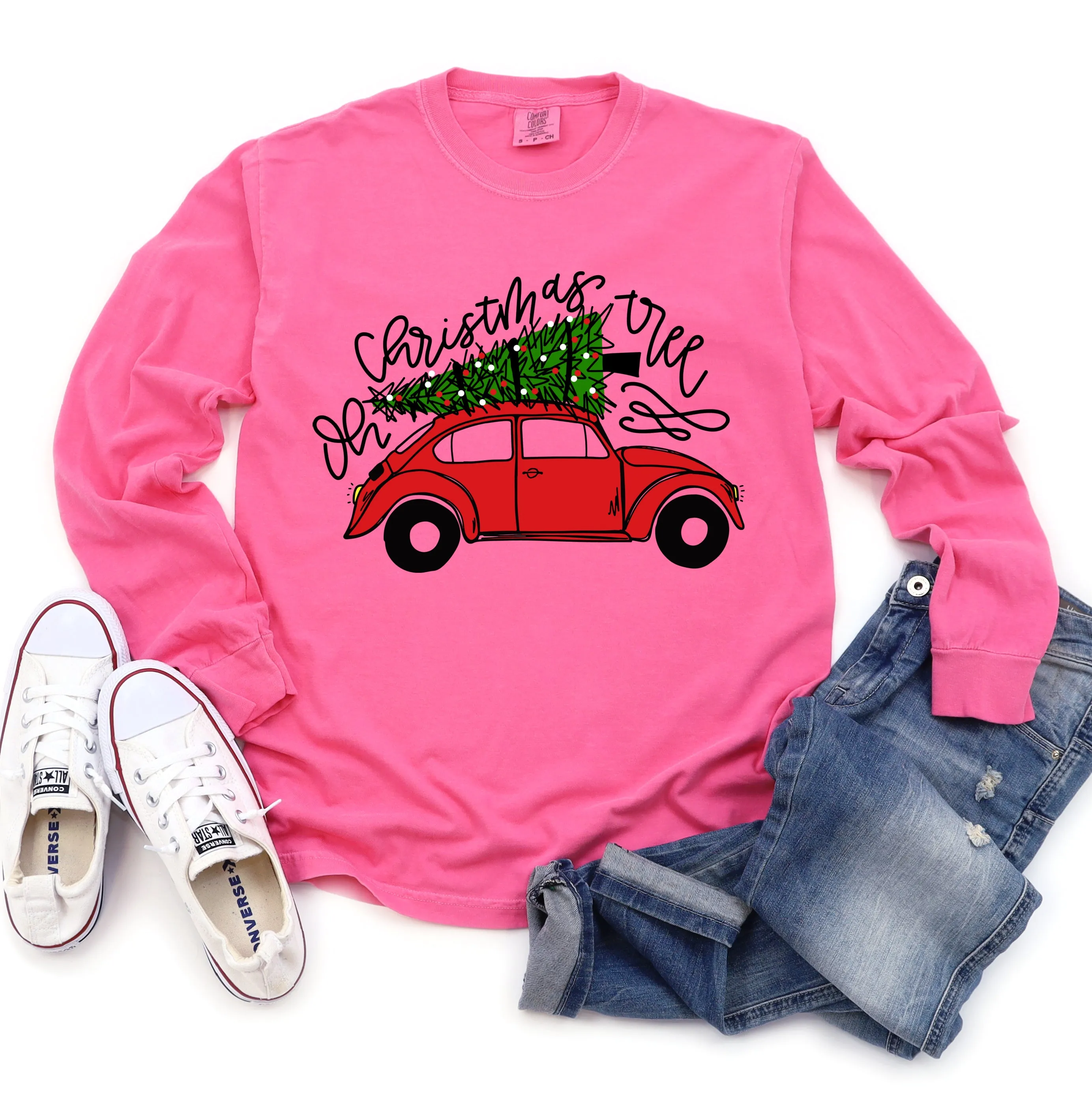 Comfort Colors Long Sleeved Pink Oh Christmas Tree Bug Car Tee-  Adult Size - Christmas Shirt