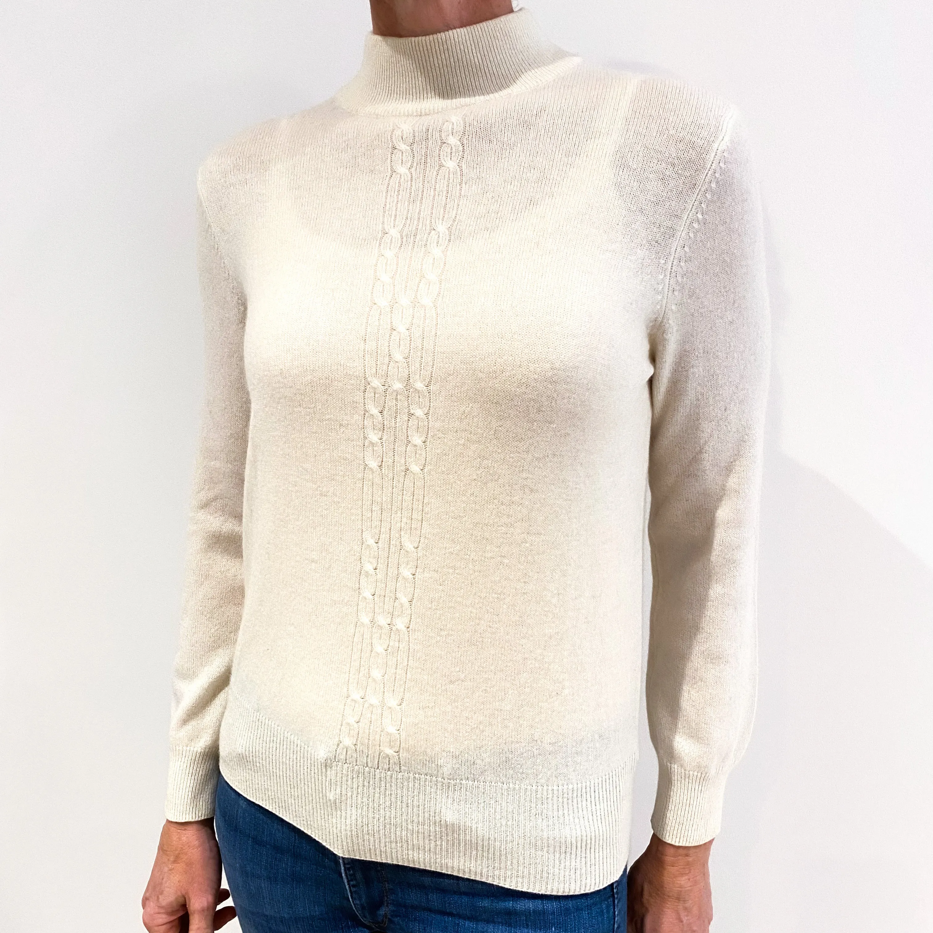 Cream Cable Detail Cashmere Polo Neck Jumper Small