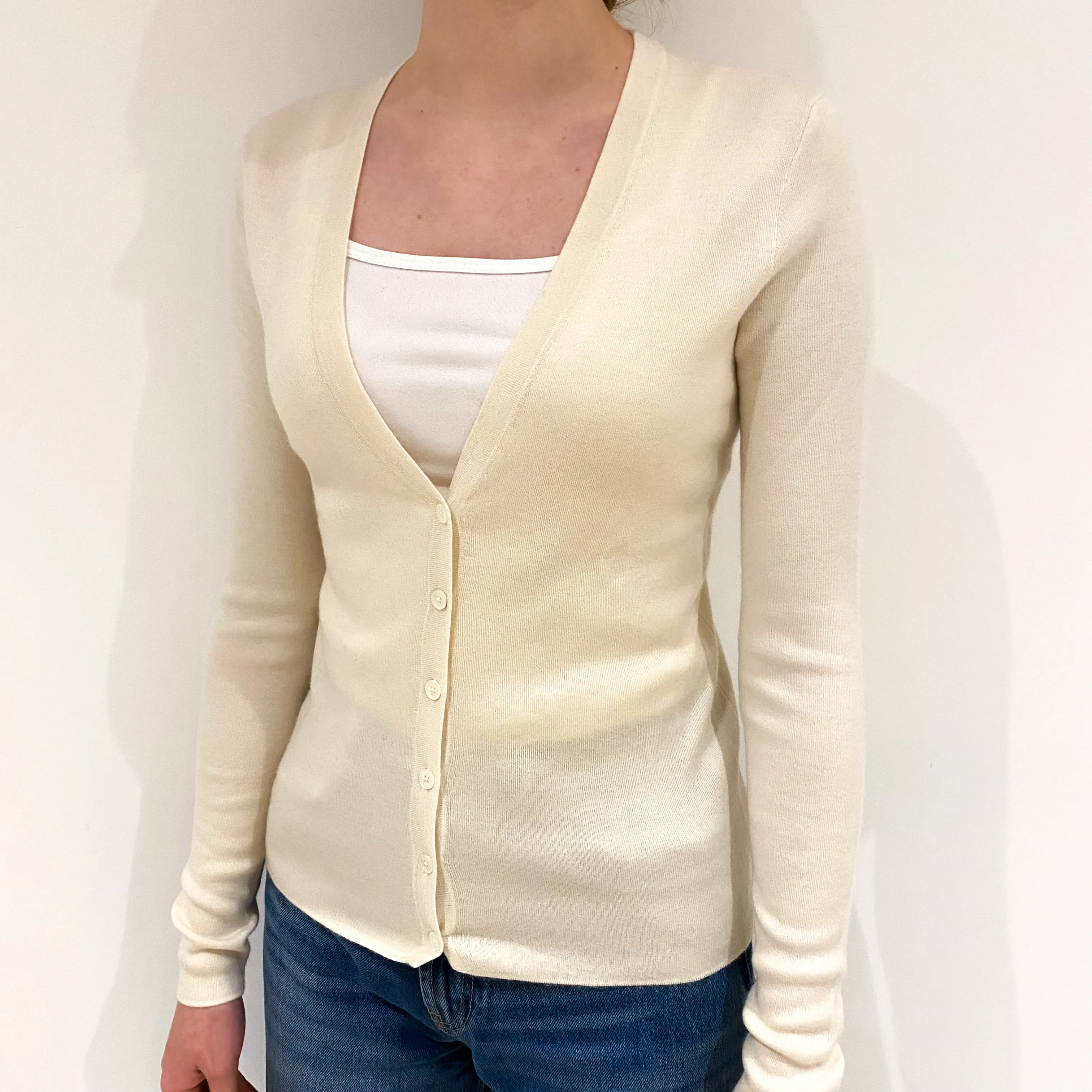 Cream Fine Knit Cashmere V Neck Cardigan Extra Small