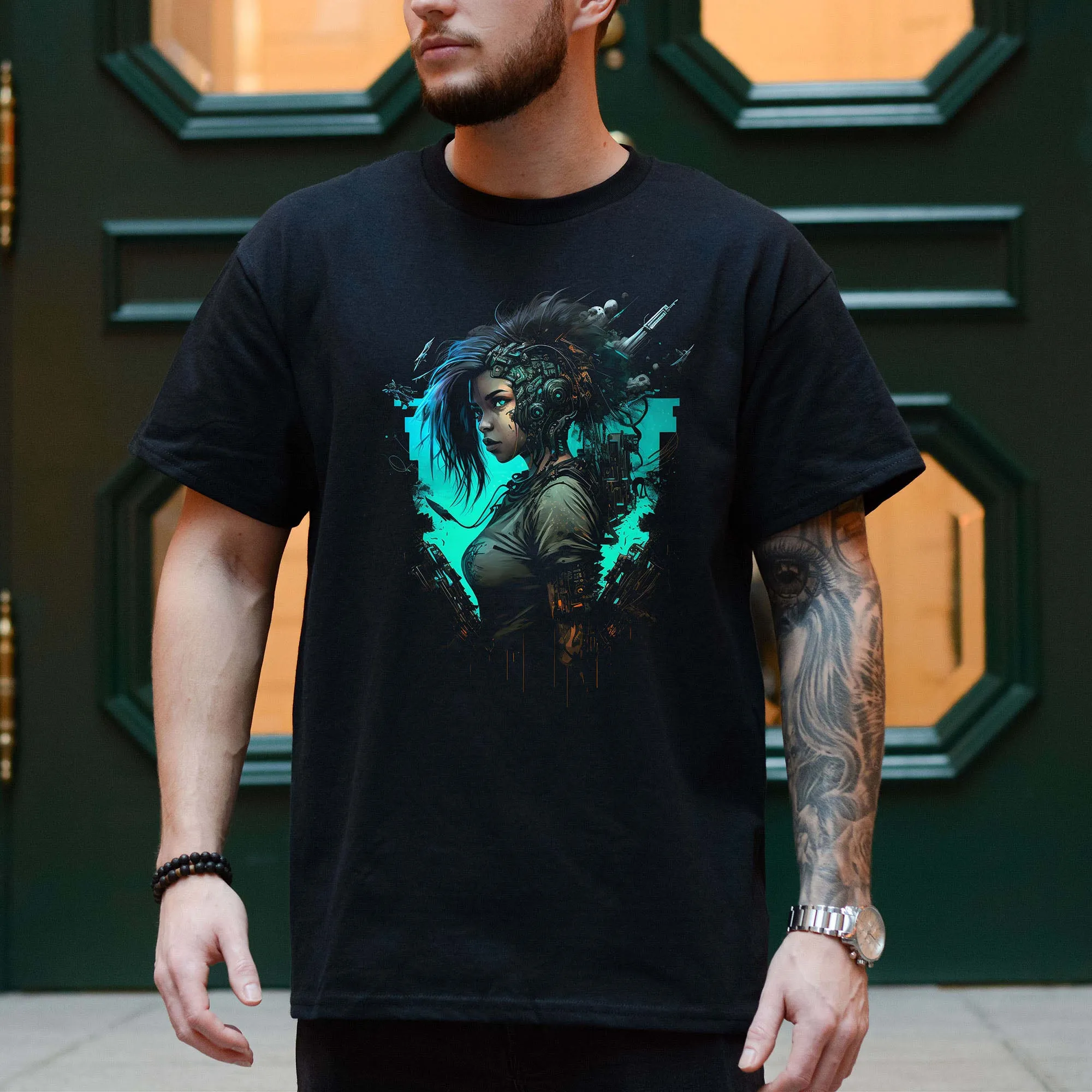 Cyberpunk T-Shirt | Cyberpunk Netrunner Girl Blue