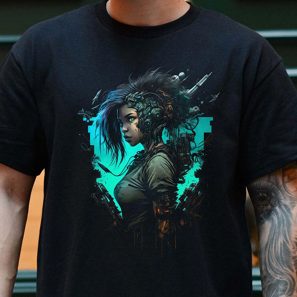 Cyberpunk T-Shirt | Cyberpunk Netrunner Girl Blue