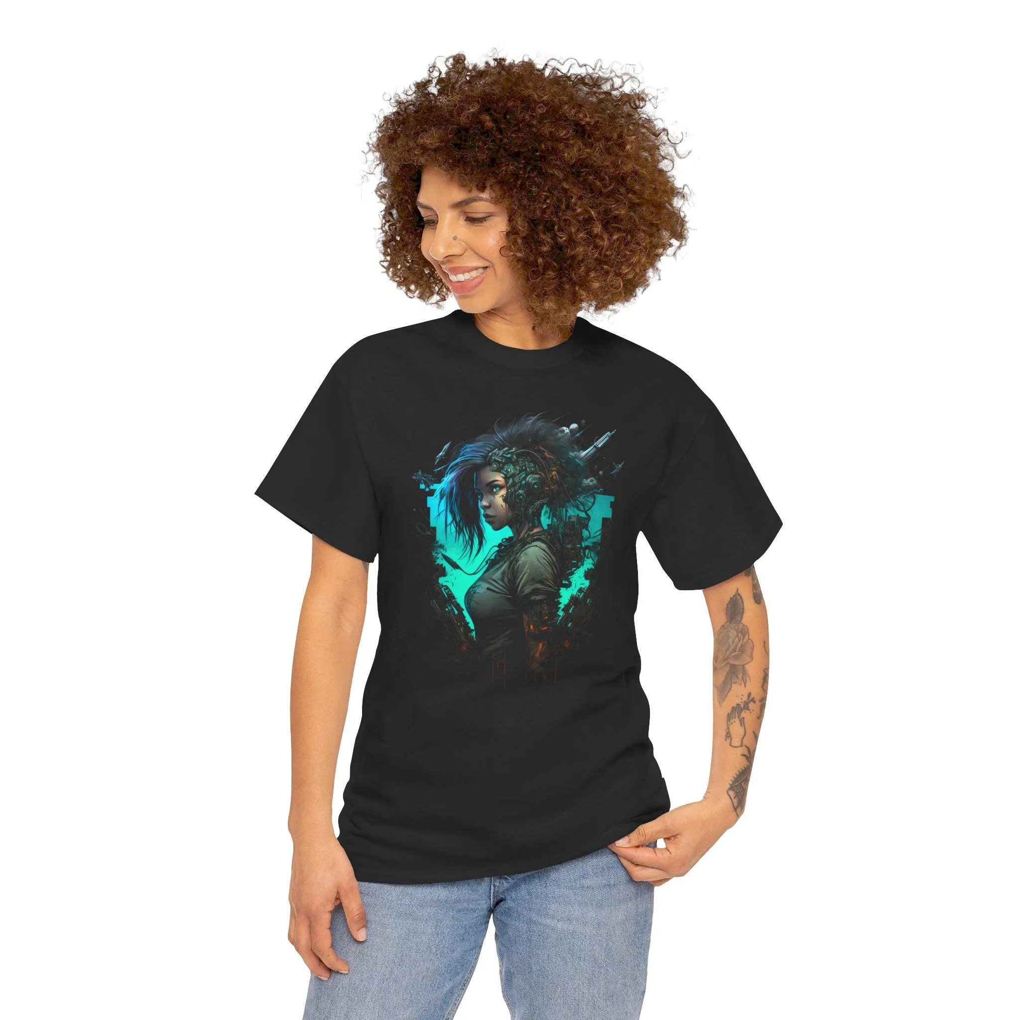 Cyberpunk T-Shirt | Cyberpunk Netrunner Girl Blue