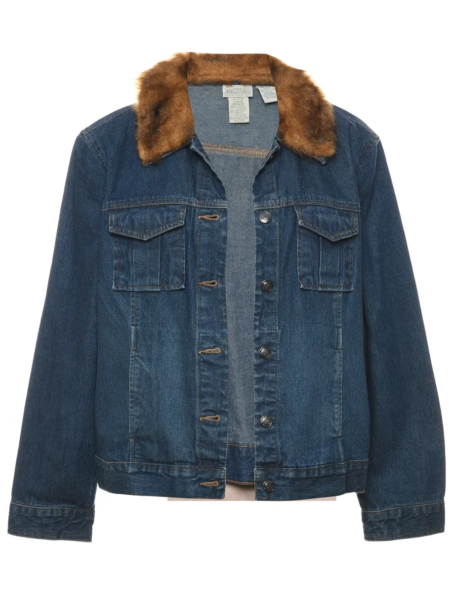 Dark Wash Faux Fur Collar Y2K Denim Jacket - L