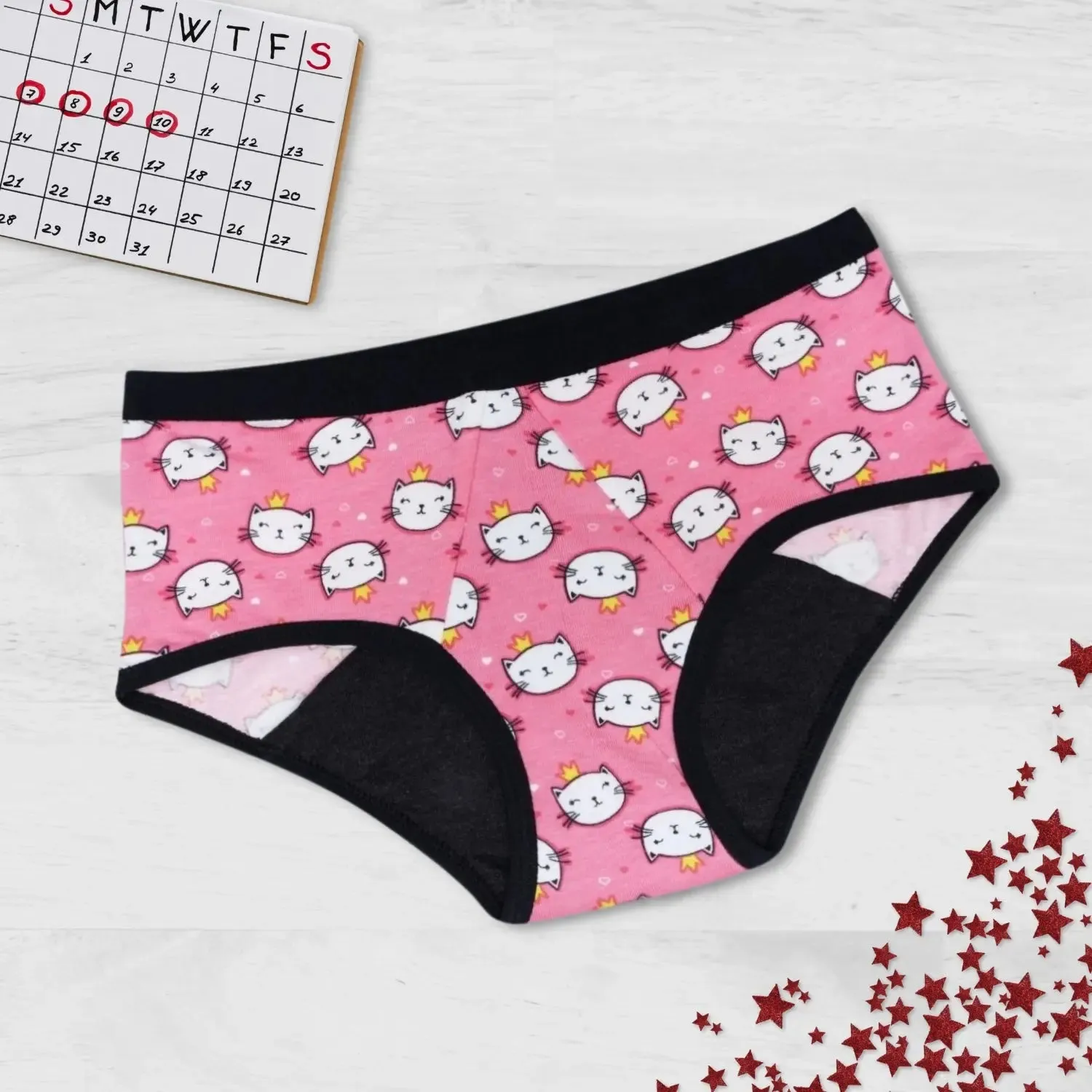 D'chica Kitty Print Eco-Friendly Anti-Microbial Lining Period Panties Pink with Black Lining, No Pad Required