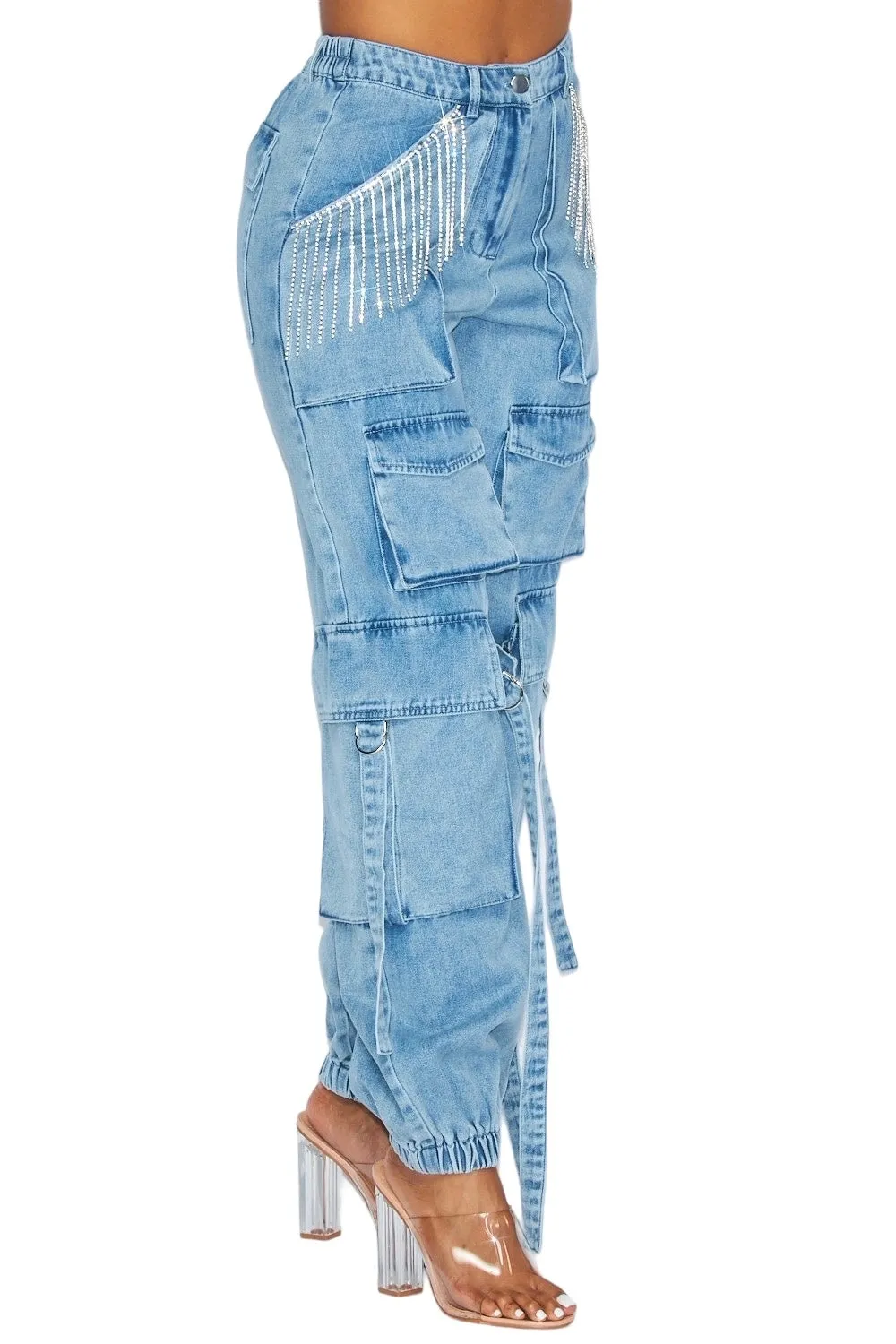 Denim  Cargo with Rhinestone Joggers **NO STRETCH**