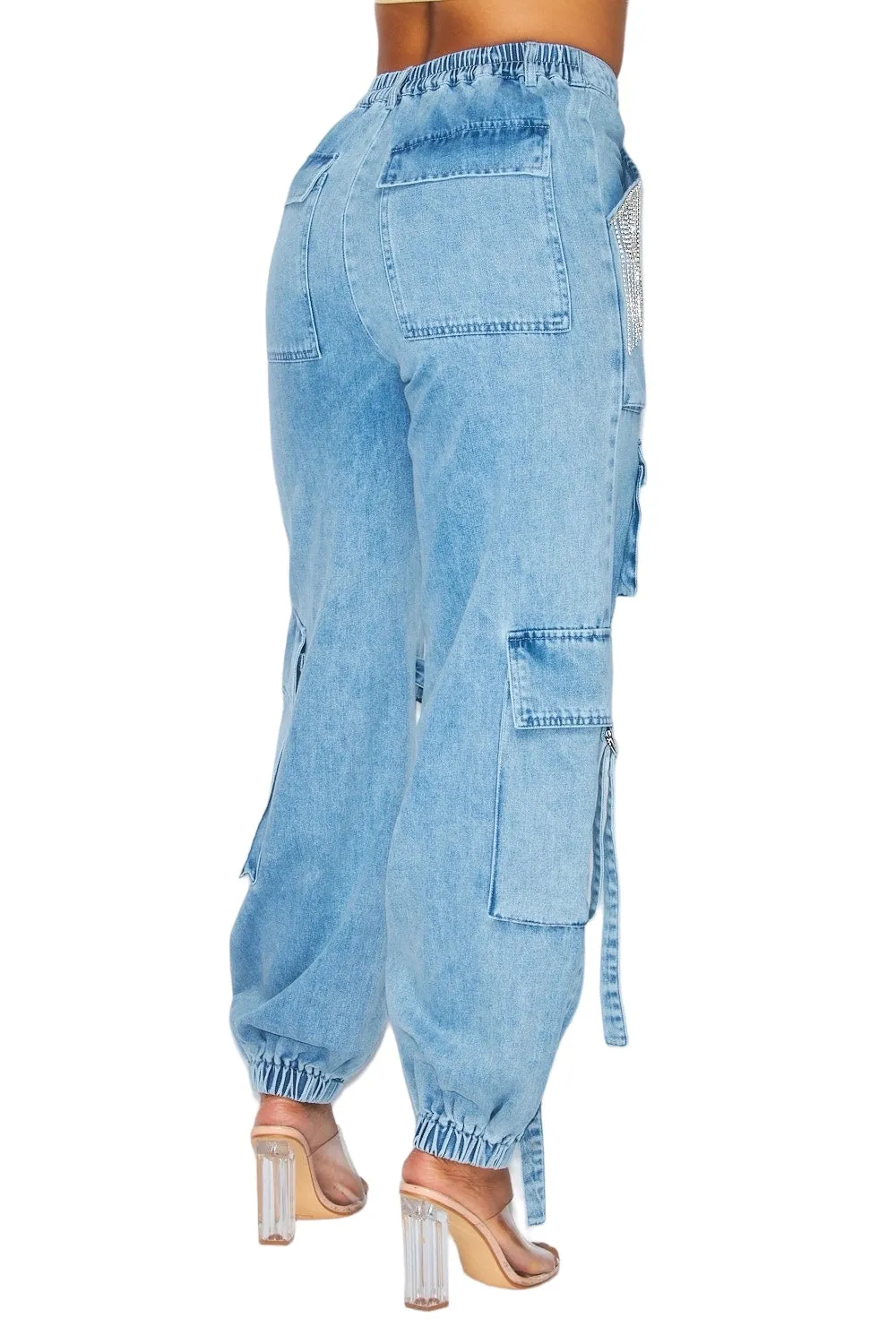 Denim  Cargo with Rhinestone Joggers **NO STRETCH**