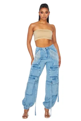 Denim  Cargo with Rhinestone Joggers **NO STRETCH**