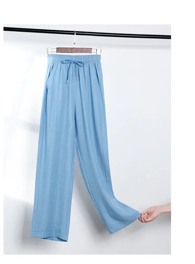 Denim Pants Summer Korean Women Plus Size Wide Leg Drape Floor Length Pants Ice Silk High Waist Pants