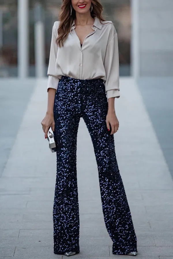 Diva Velvet Sequin High Rise Elastic Waist Flare Pants