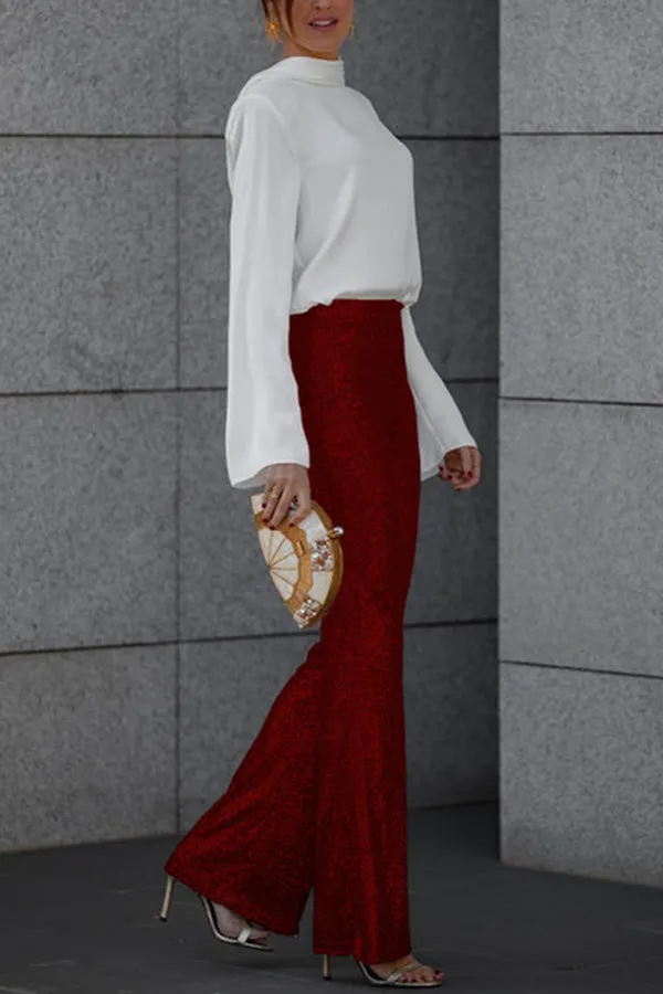 Diva Velvet Sequin High Rise Elastic Waist Flare Pants