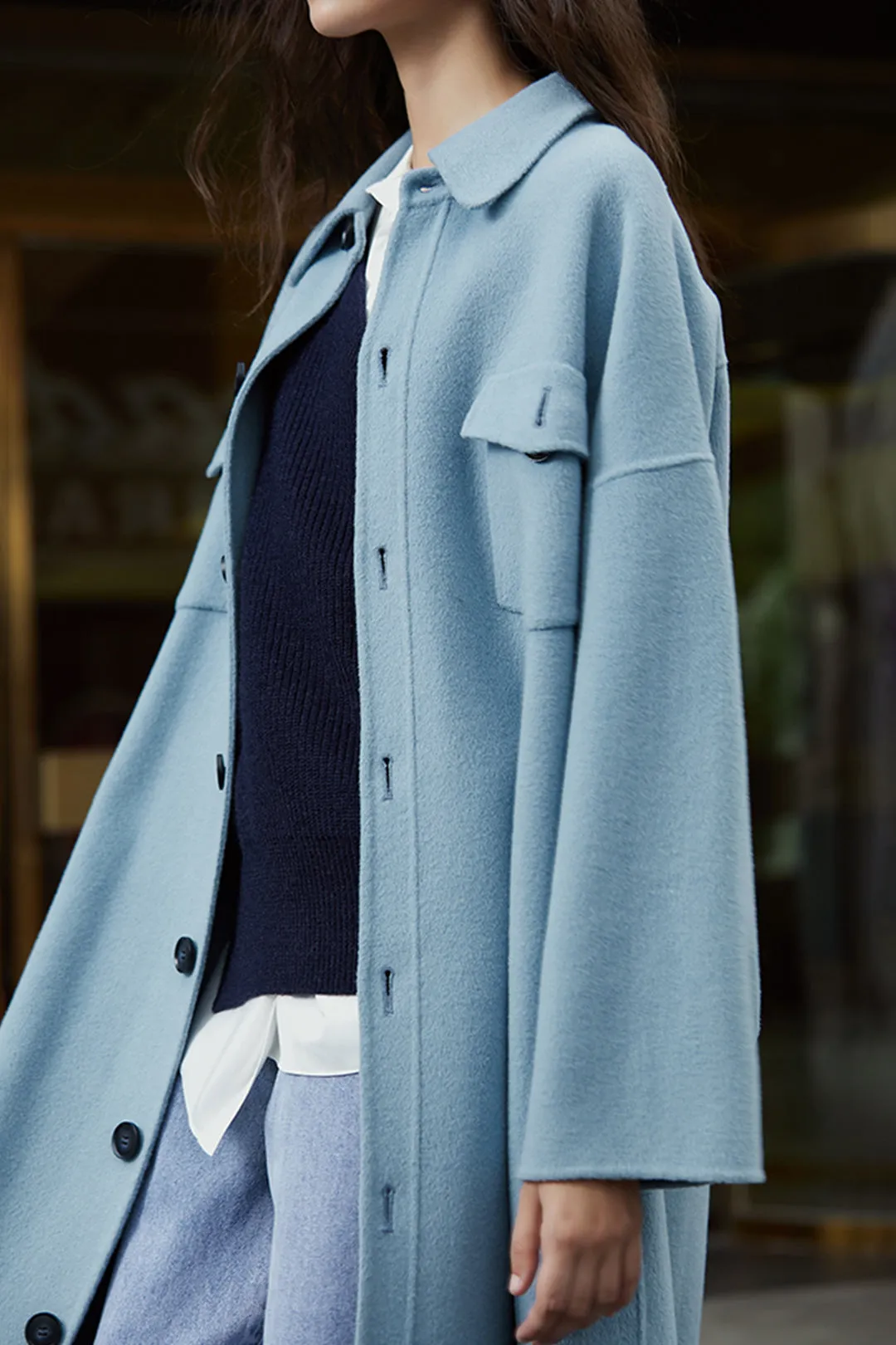 Double-faced nylon coat | Haze blue wool coat | Party wool coat