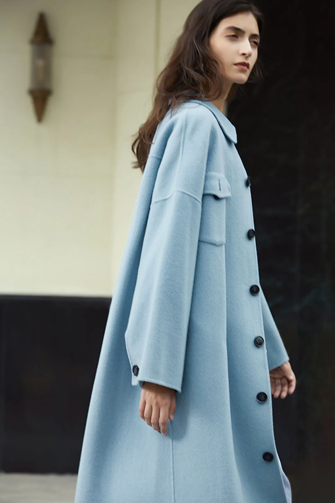 Double-faced nylon coat | Haze blue wool coat | Party wool coat