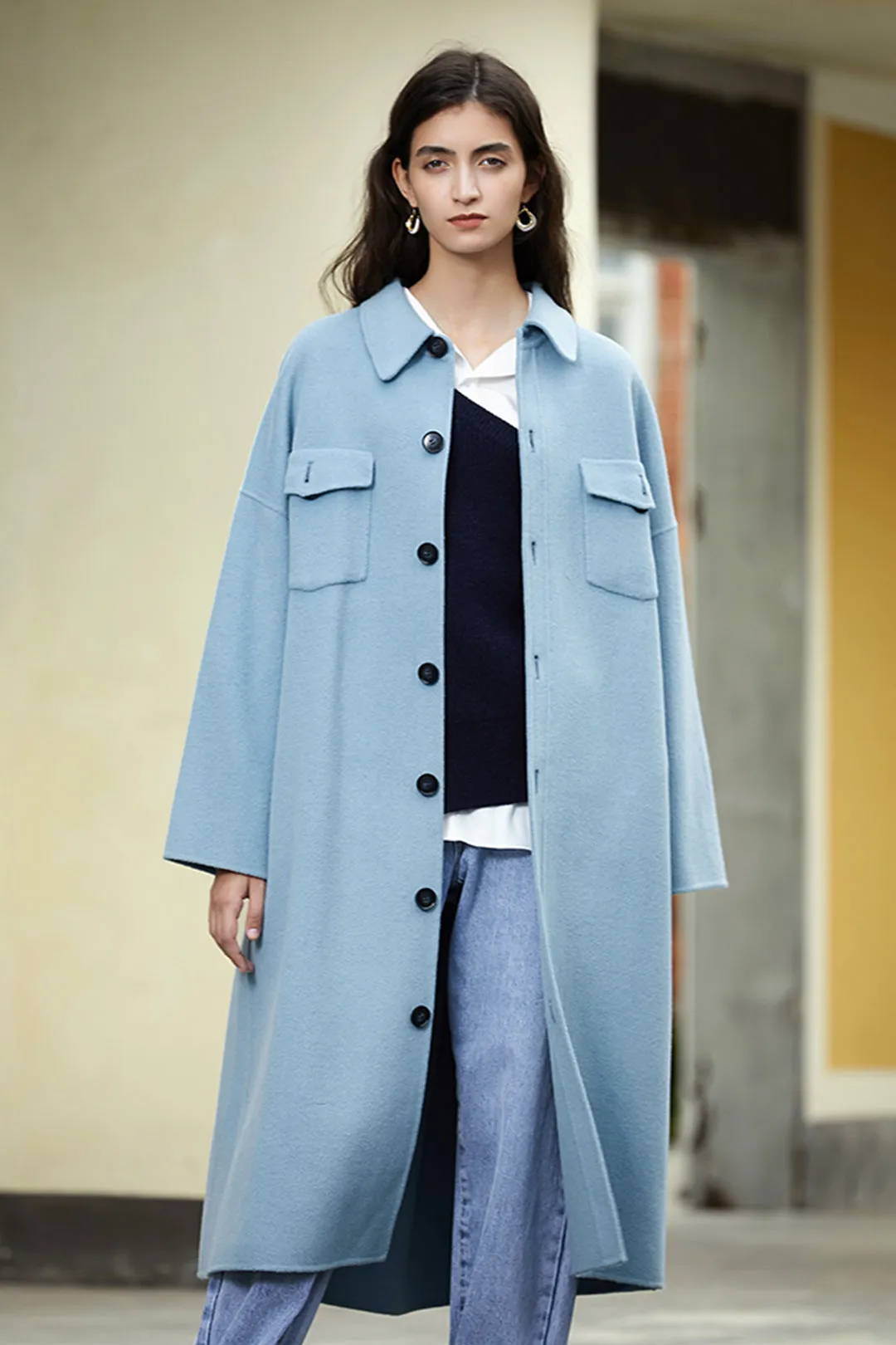 Double-faced nylon coat | Haze blue wool coat | Party wool coat