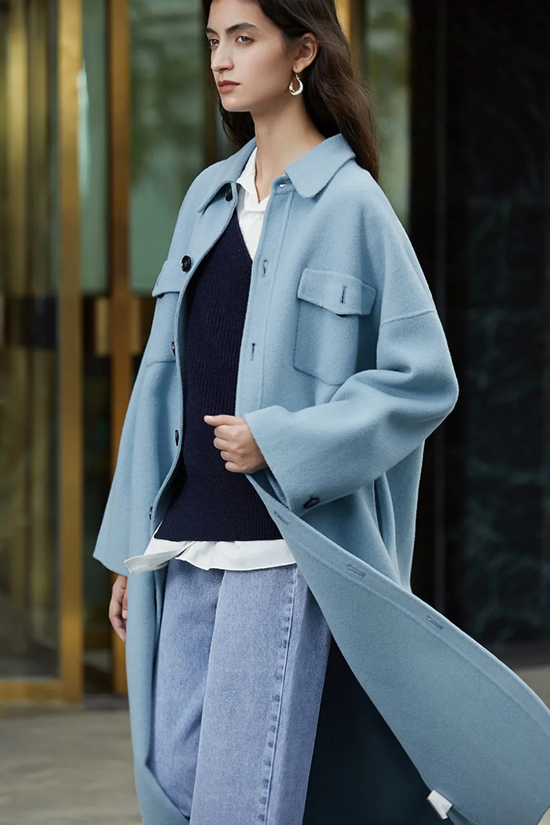 Double-faced nylon coat | Haze blue wool coat | Party wool coat