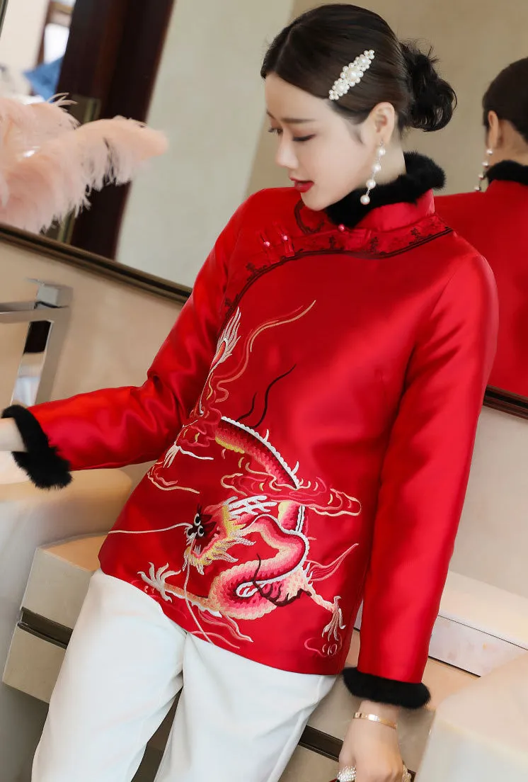 Dragon Embroidery Retro Chinese Style Brocade Wadded Coat Comfort Fit