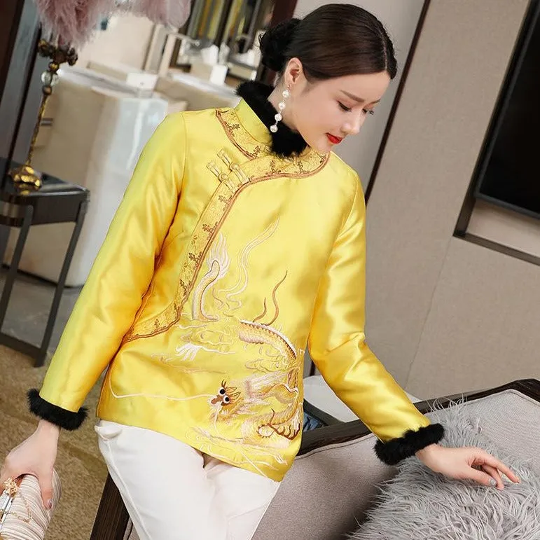 Dragon Embroidery Retro Chinese Style Brocade Wadded Coat Comfort Fit