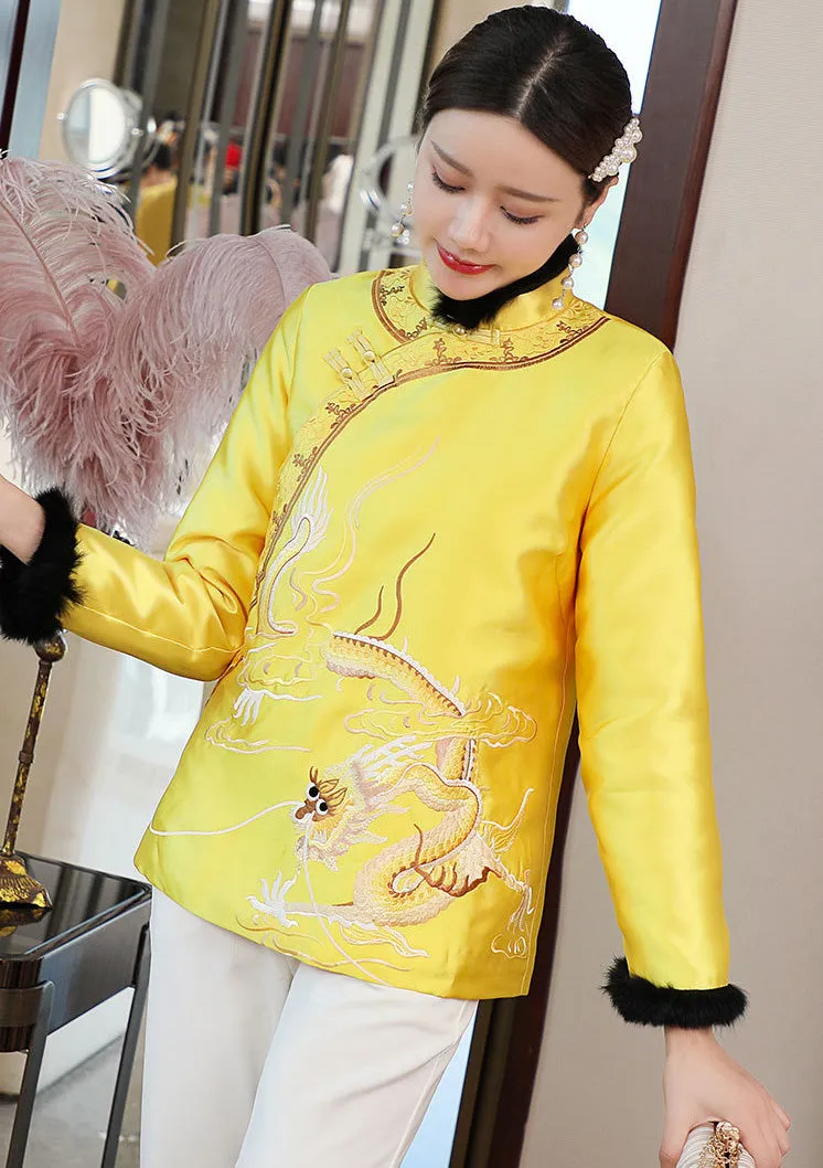 Dragon Embroidery Retro Chinese Style Brocade Wadded Coat Comfort Fit