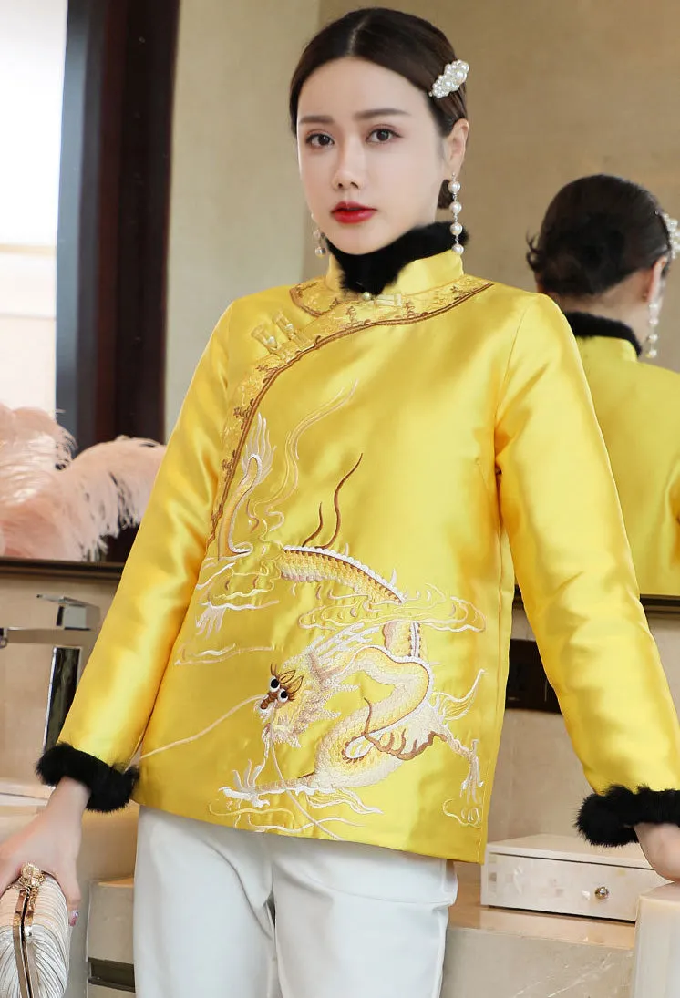 Dragon Embroidery Retro Chinese Style Brocade Wadded Coat Comfort Fit