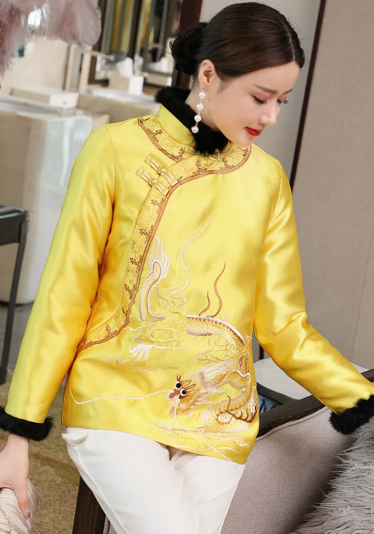 Dragon Embroidery Retro Chinese Style Brocade Wadded Coat Comfort Fit