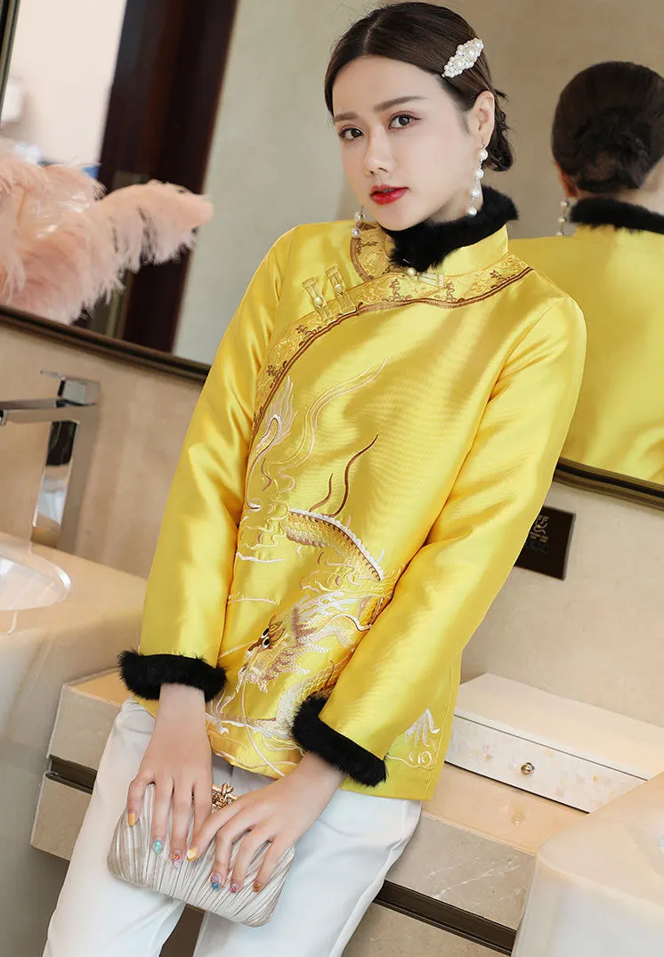 Dragon Embroidery Retro Chinese Style Brocade Wadded Coat Comfort Fit