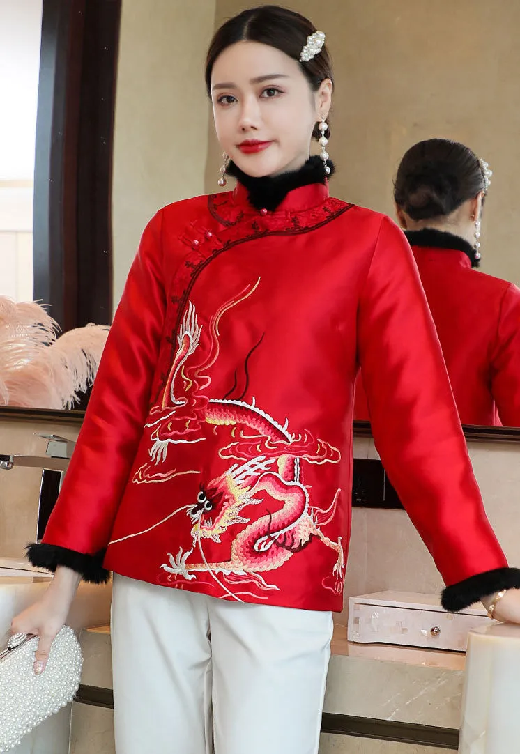 Dragon Embroidery Retro Chinese Style Brocade Wadded Coat Comfort Fit