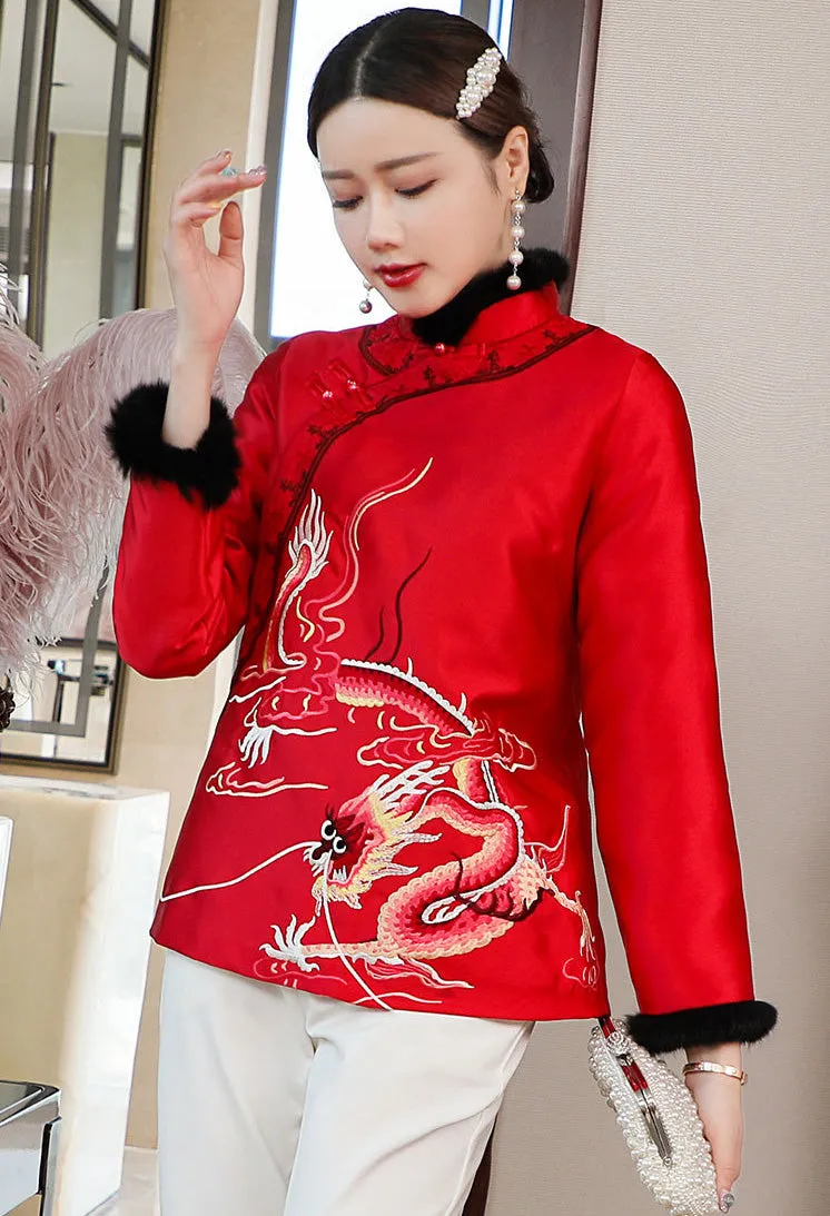 Dragon Embroidery Retro Chinese Style Brocade Wadded Coat Comfort Fit