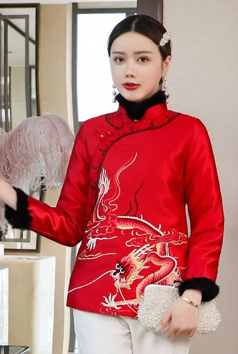 Dragon Embroidery Retro Chinese Style Brocade Wadded Coat Comfort Fit