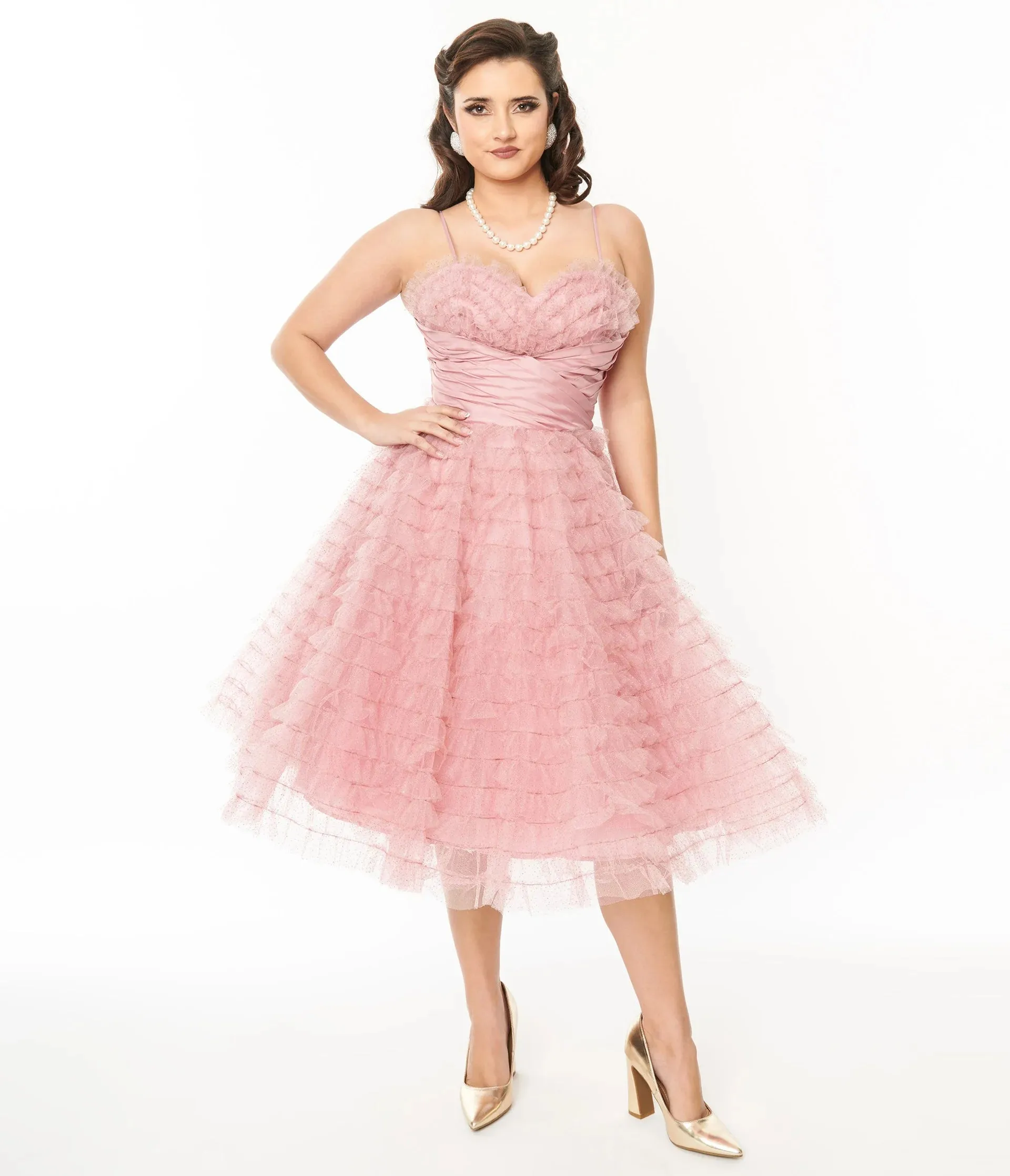 Dusty Rose Glitter Tulle Cupcake Swing Dress by Unique Vintage