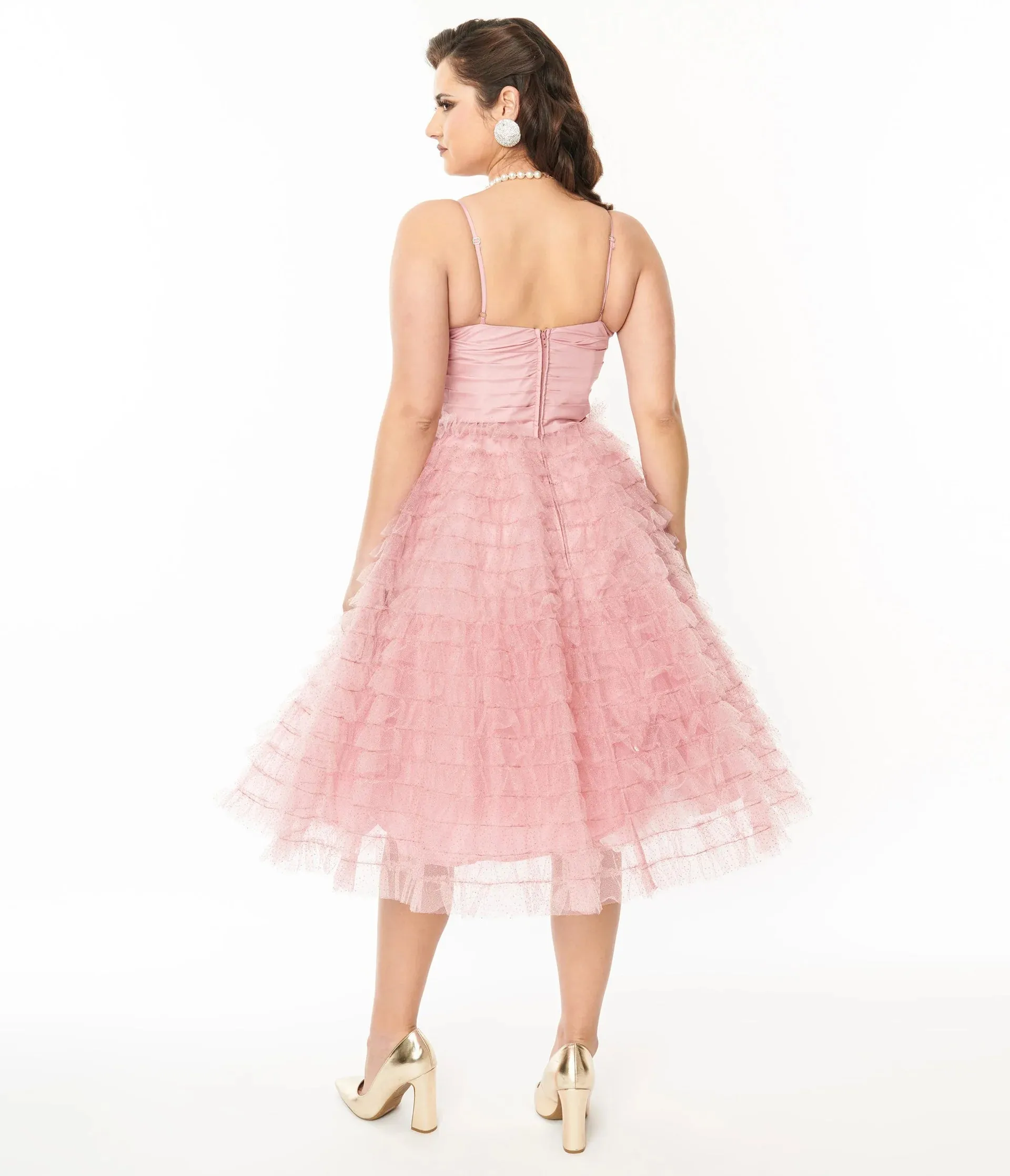 Dusty Rose Glitter Tulle Cupcake Swing Dress by Unique Vintage