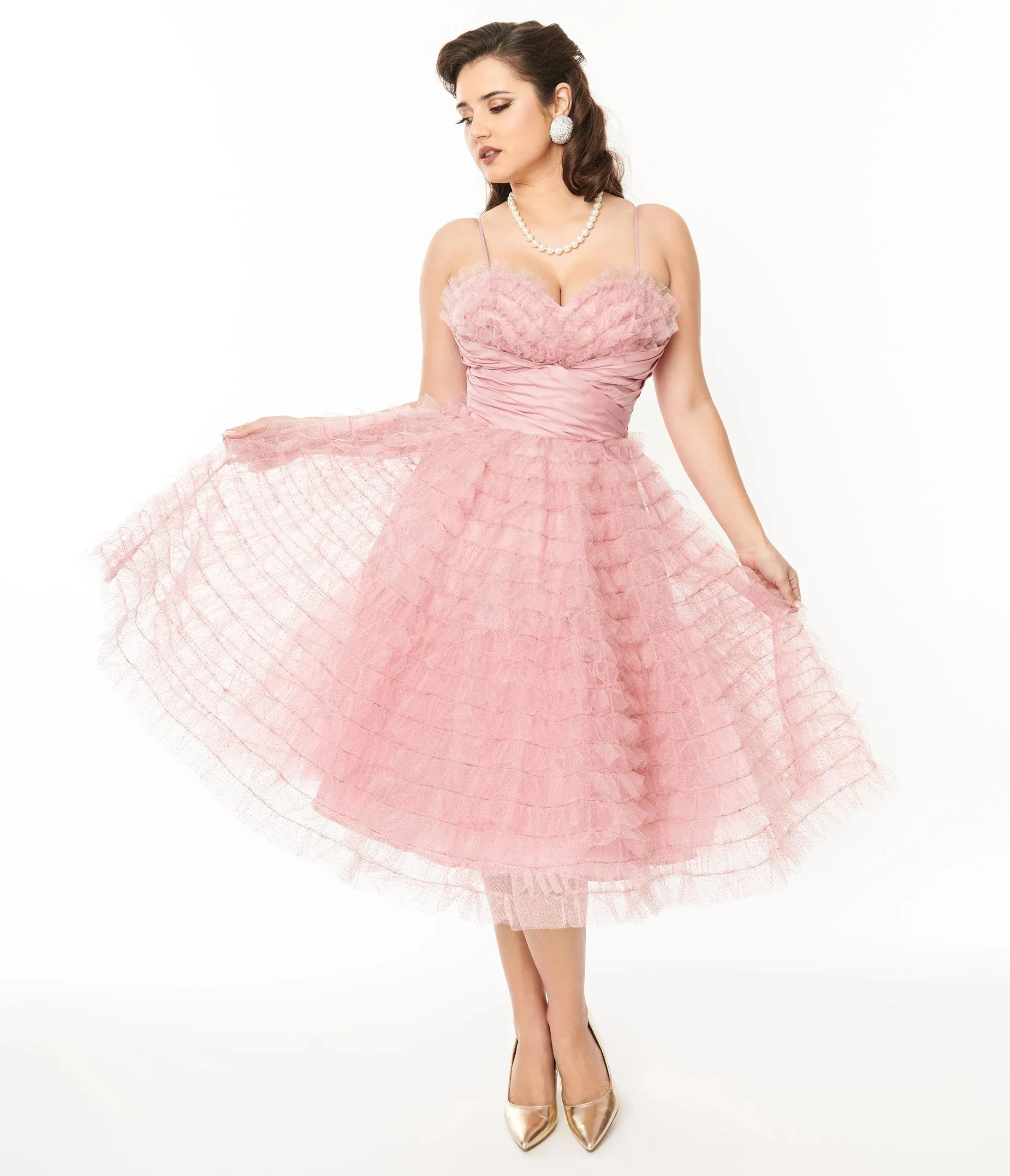 Dusty Rose Glitter Tulle Cupcake Swing Dress by Unique Vintage