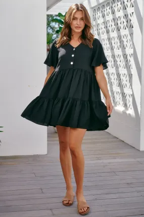 Element Tiered Black Button Dress