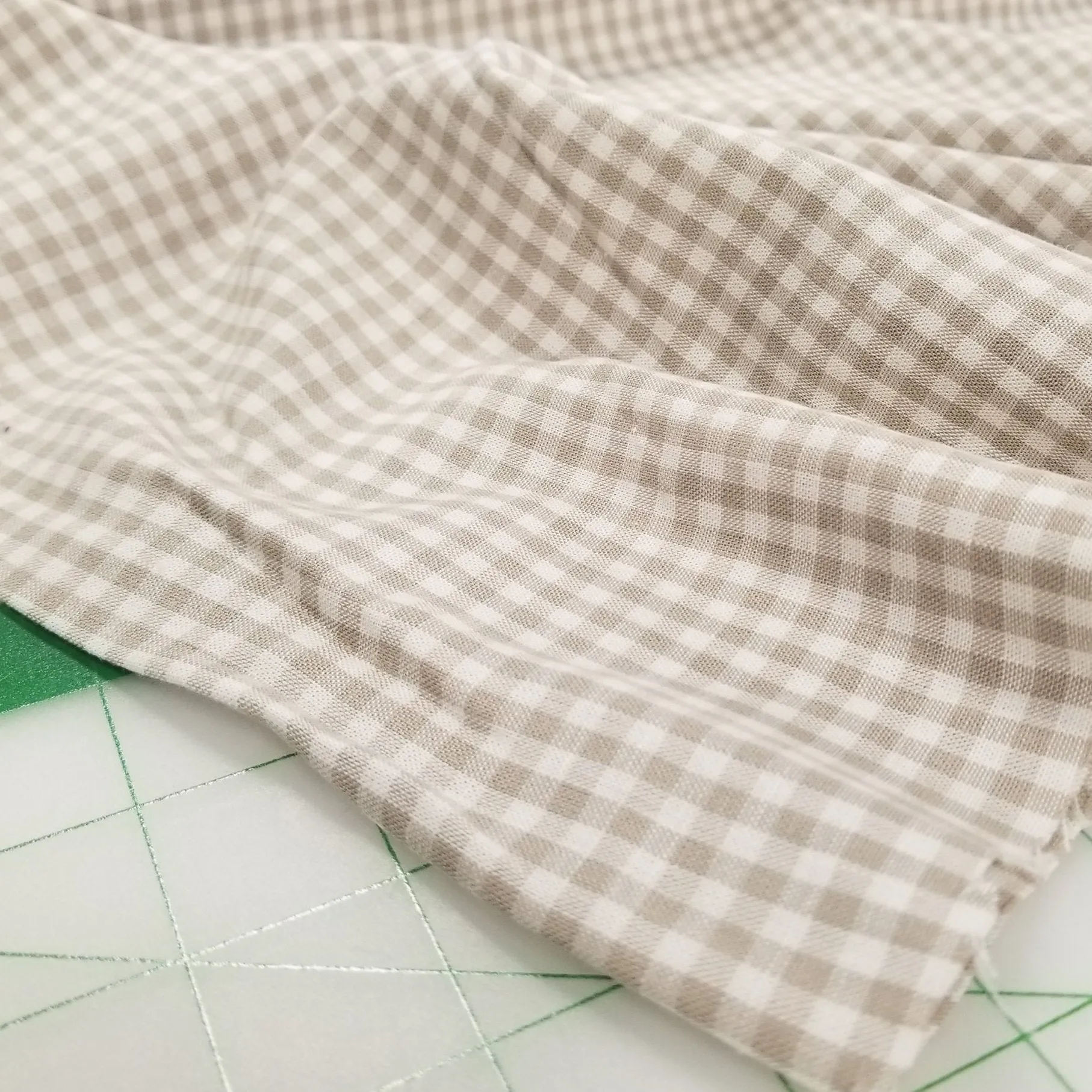 End of Bolt: 2 yards of Italian Cotton Linen Gingham Checks Taupe and Ivory Woven-155GSM- remnant