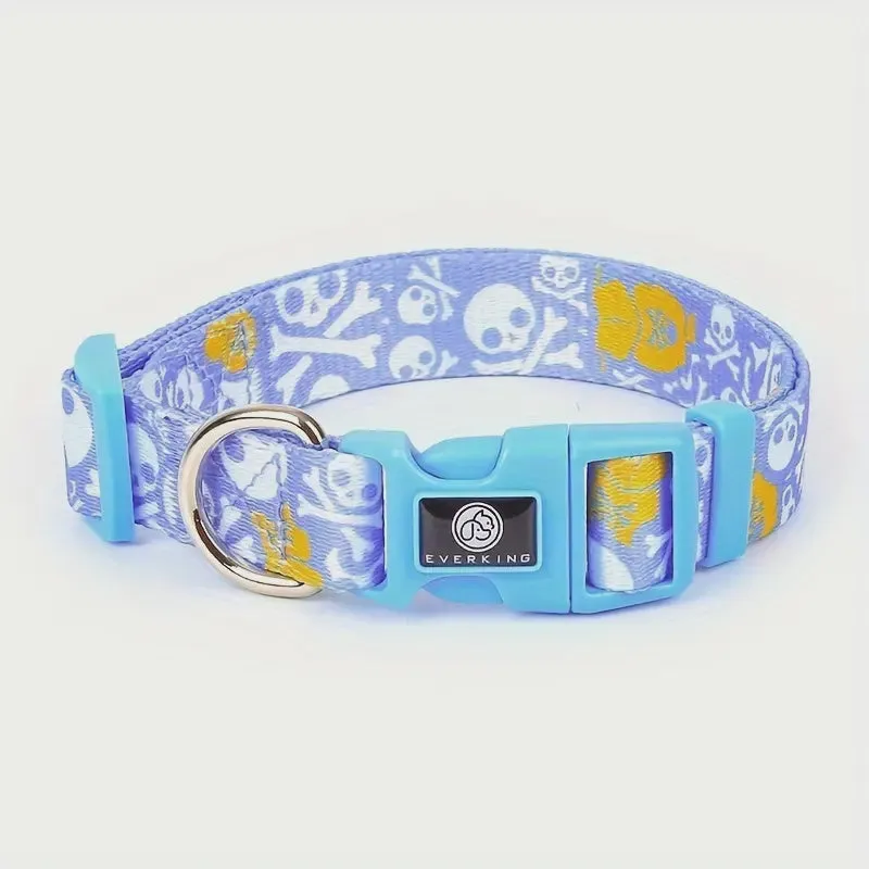 Everking Adjustable Dog Collars with Skull & Crossbones - Sky Blue - Small