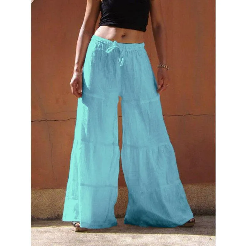 FashionSierra - Women's linen flowy wide leg pants elastic waist palazzo pants