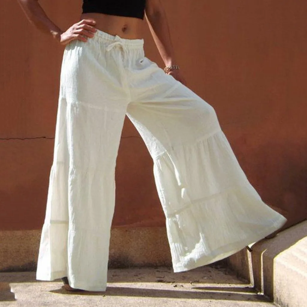 FashionSierra - Women's linen flowy wide leg pants elastic waist palazzo pants