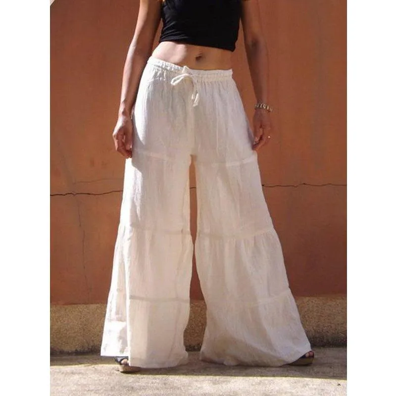 FashionSierra - Women's linen flowy wide leg pants elastic waist palazzo pants