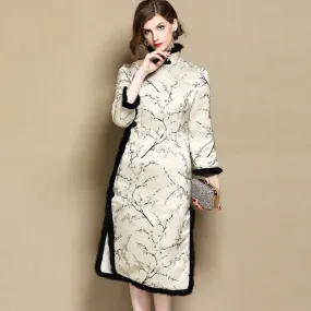 Floral Brocade Fur Edge Retro Cheongsam Wadded Chinese Dress