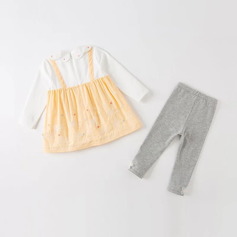 Flower Embroidery Two-piece Girl Orange Smocking Dress & Pants Set