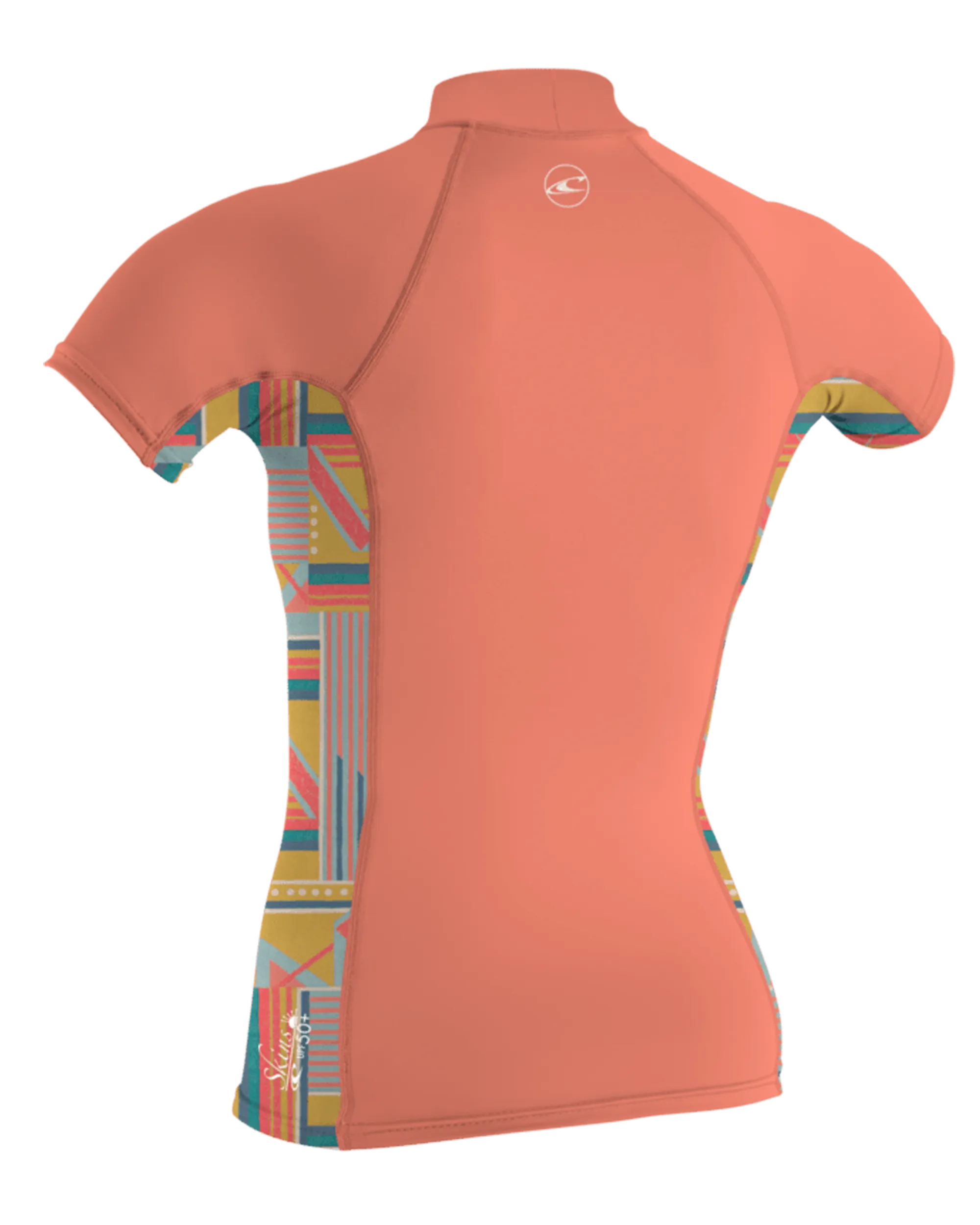 Girls Premium Skins Turtleneck Rash Vest  in Burnt Coral & Arta Geo