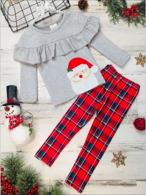 Girls Ruffle Santa Top and Plaid Legging Set