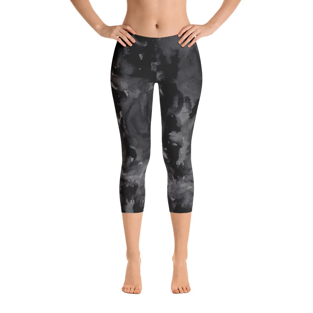 Gray Black Rose Capris Tights, Floral Print Women's Capri Leggings Spandex Tights - Made in USA