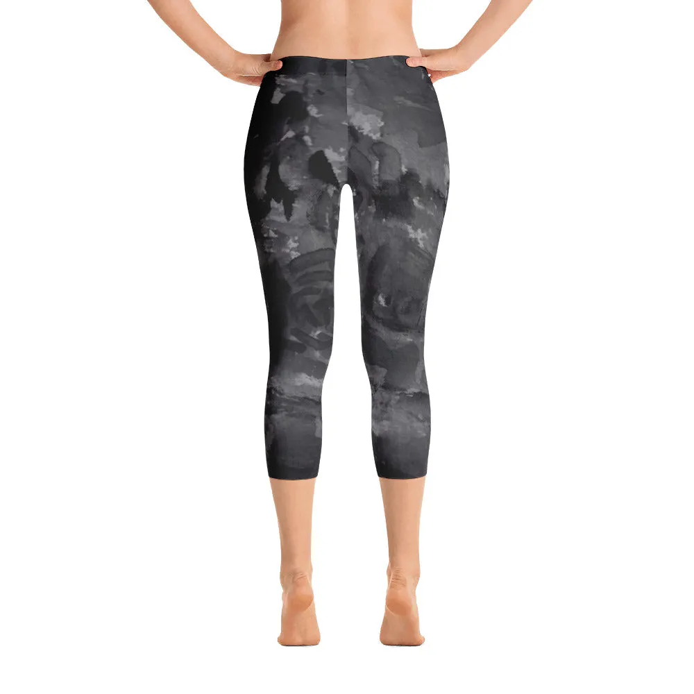 Gray Black Rose Capris Tights, Floral Print Women's Capri Leggings Spandex Tights - Made in USA