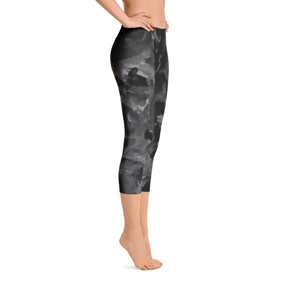 Gray Black Rose Capris Tights, Floral Print Women's Capri Leggings Spandex Tights - Made in USA