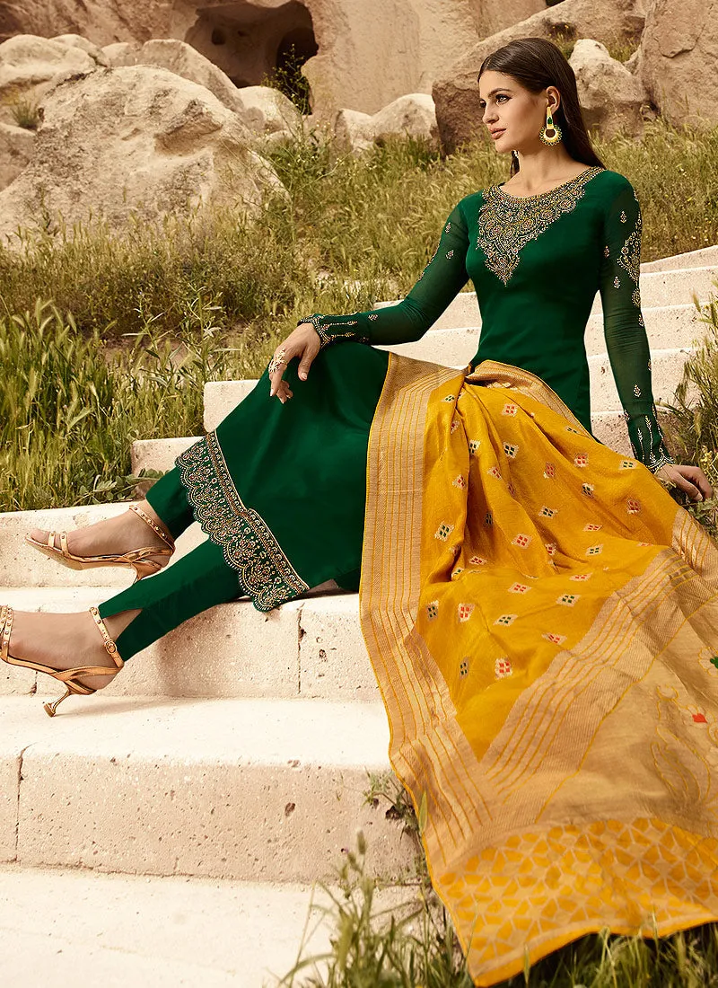 Green And Yellow Embroidered Pants Suit