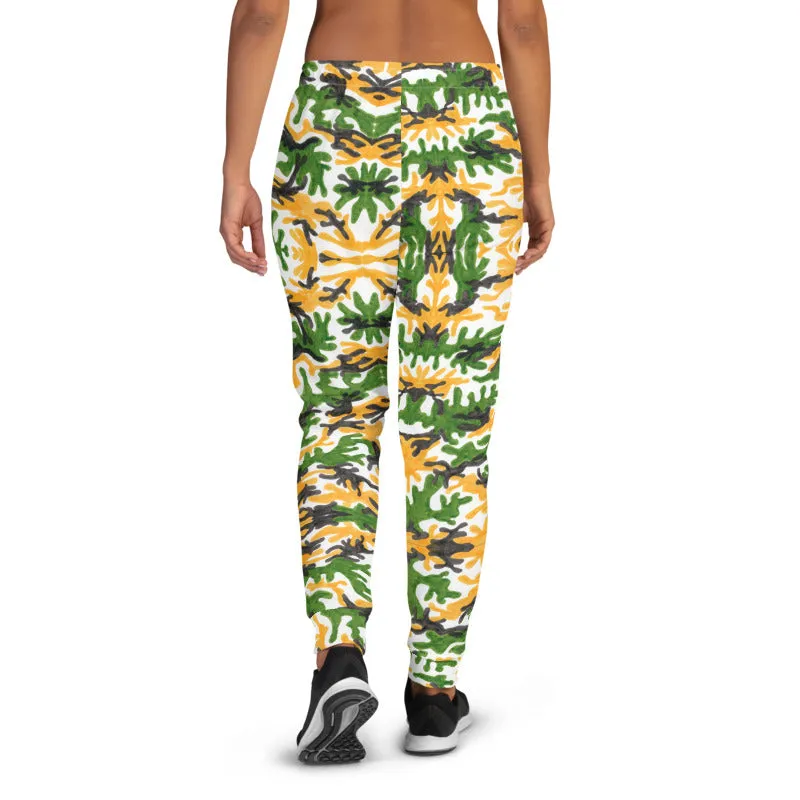 Green Yellow Army Women's Joggers, Camouflage Camo Print Designer Slim Fit Sweatpants-Made in EU/MX