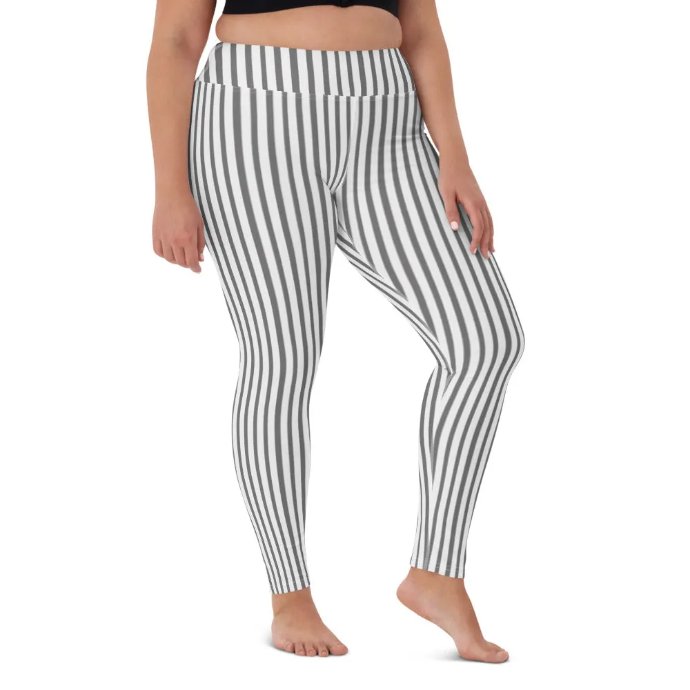 Grey White Striped Yoga Leggings, Vertically Striped Long Women's Long Tights-Made in USA/EU/MX